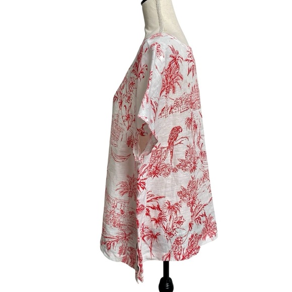 Joie Linen Blouse Coral Red Tropical Print Boatneck Short Sleeve Top Size 1X - Picture 7 of 12